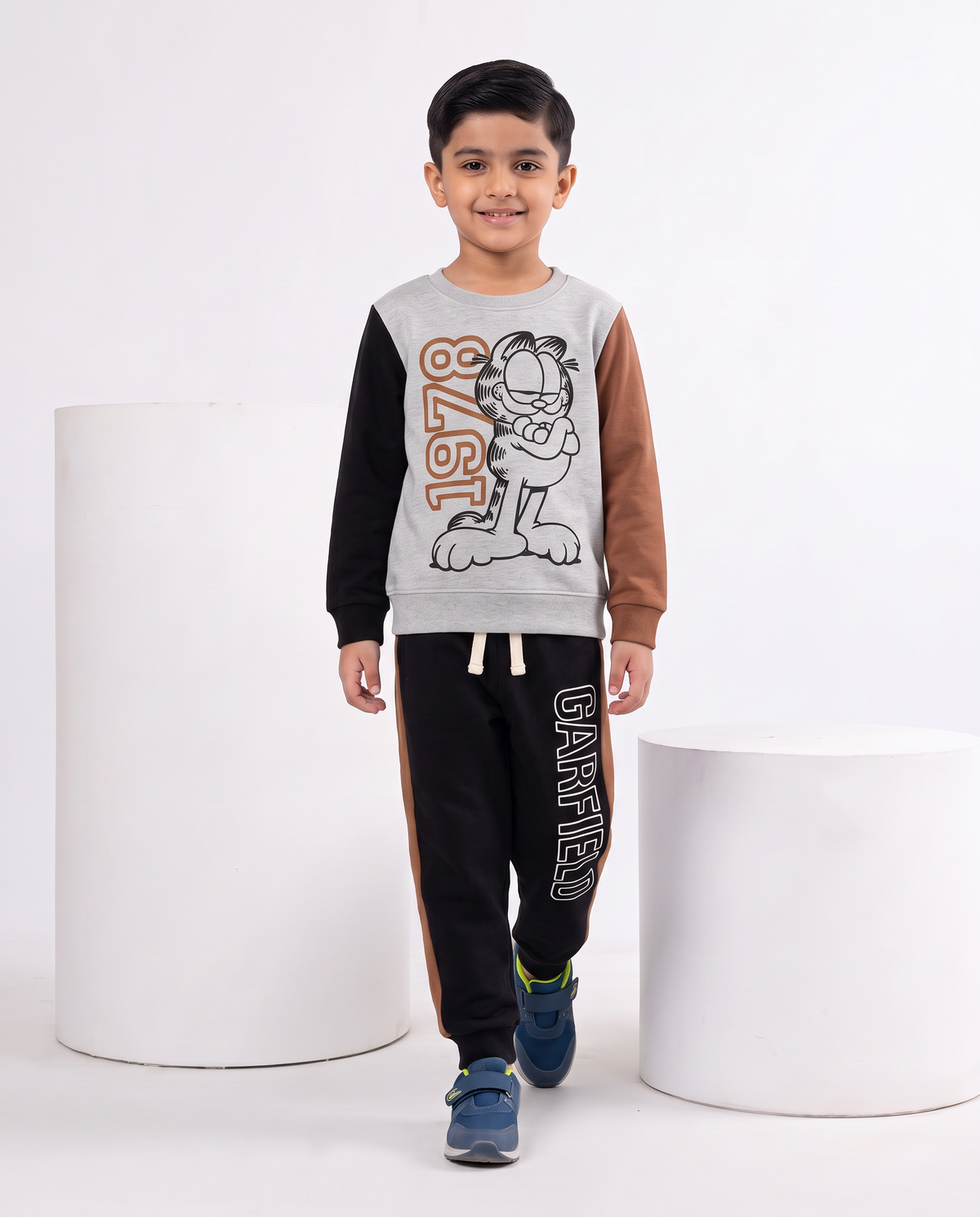 Kids Grey ,brown & black Garfield Print Sweatshirt With Panel Trouser Premium Quality Set