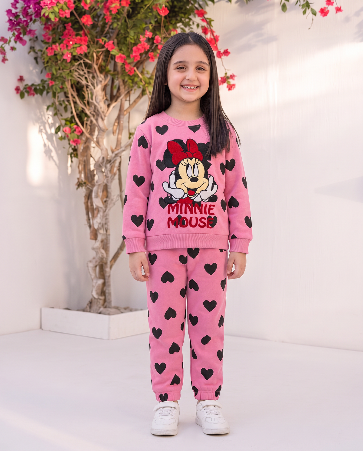 Cute Minnie Mouse Pink Heart Print Girls’ Sweat Suit – (Sweatshirt & Pants)