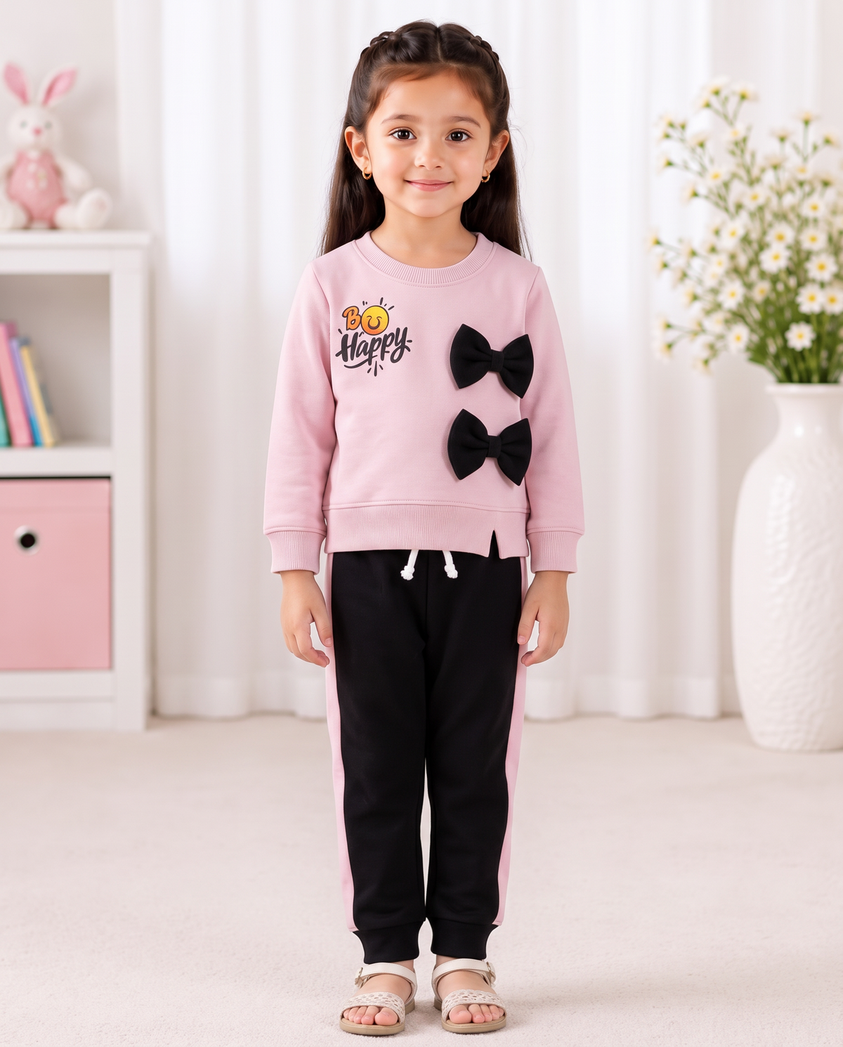 Girls Be Happy Pink & Black Bow Tracksuit