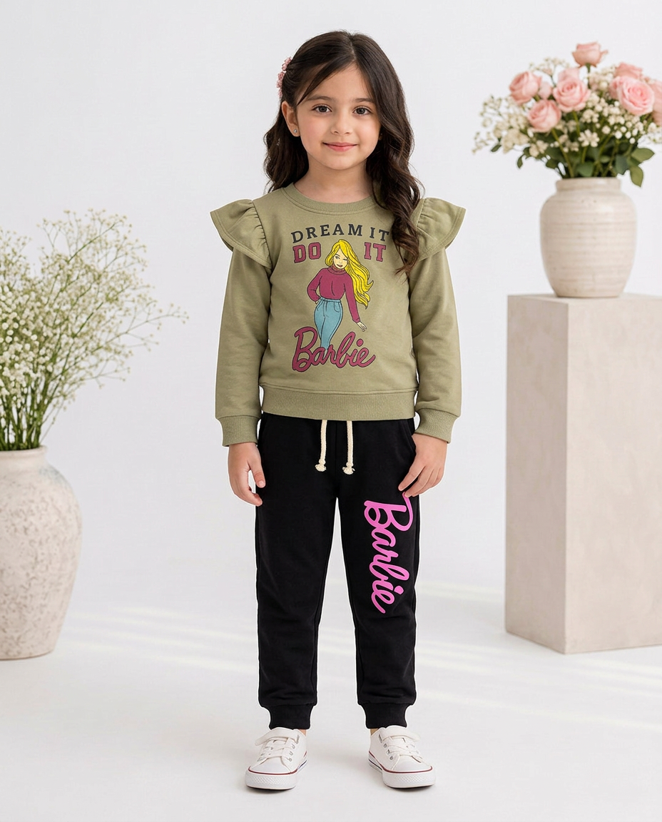 Baby Girls Frill Sleeves Barbie print Outfit Premium Quality 2 pcs Set