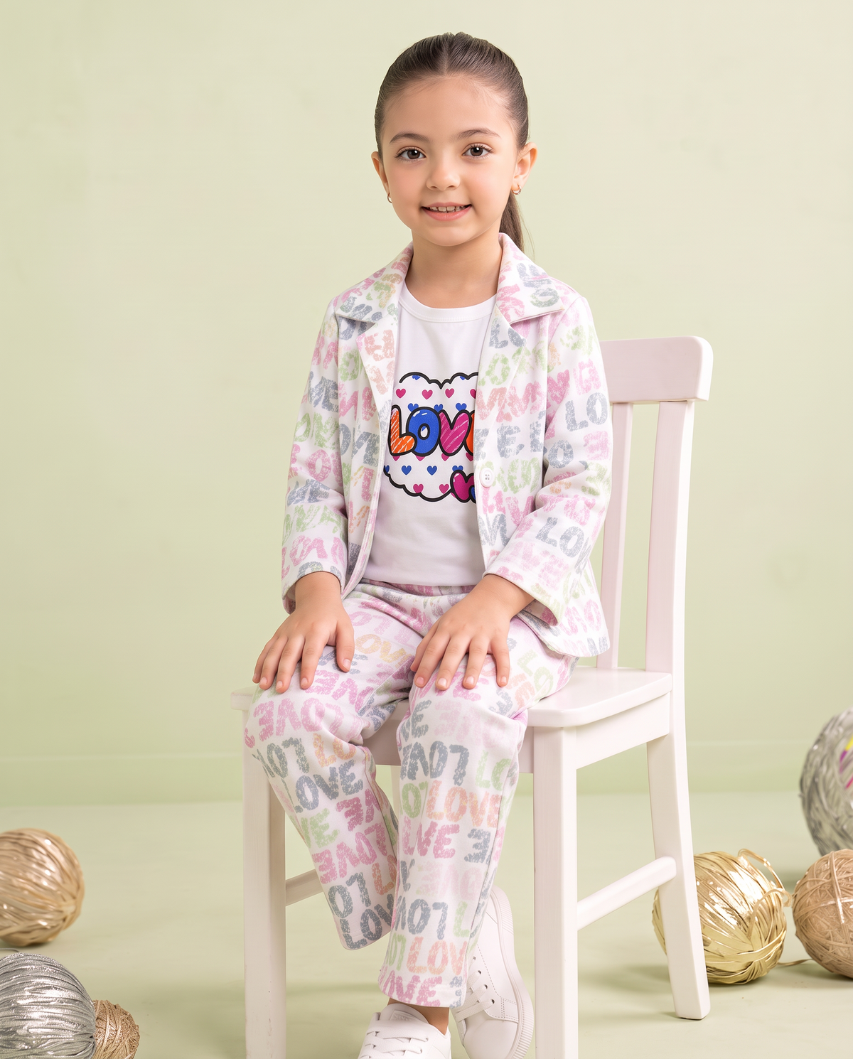 Girls 3 Pcs Love Print Summer Co-Ord Set – White Multi