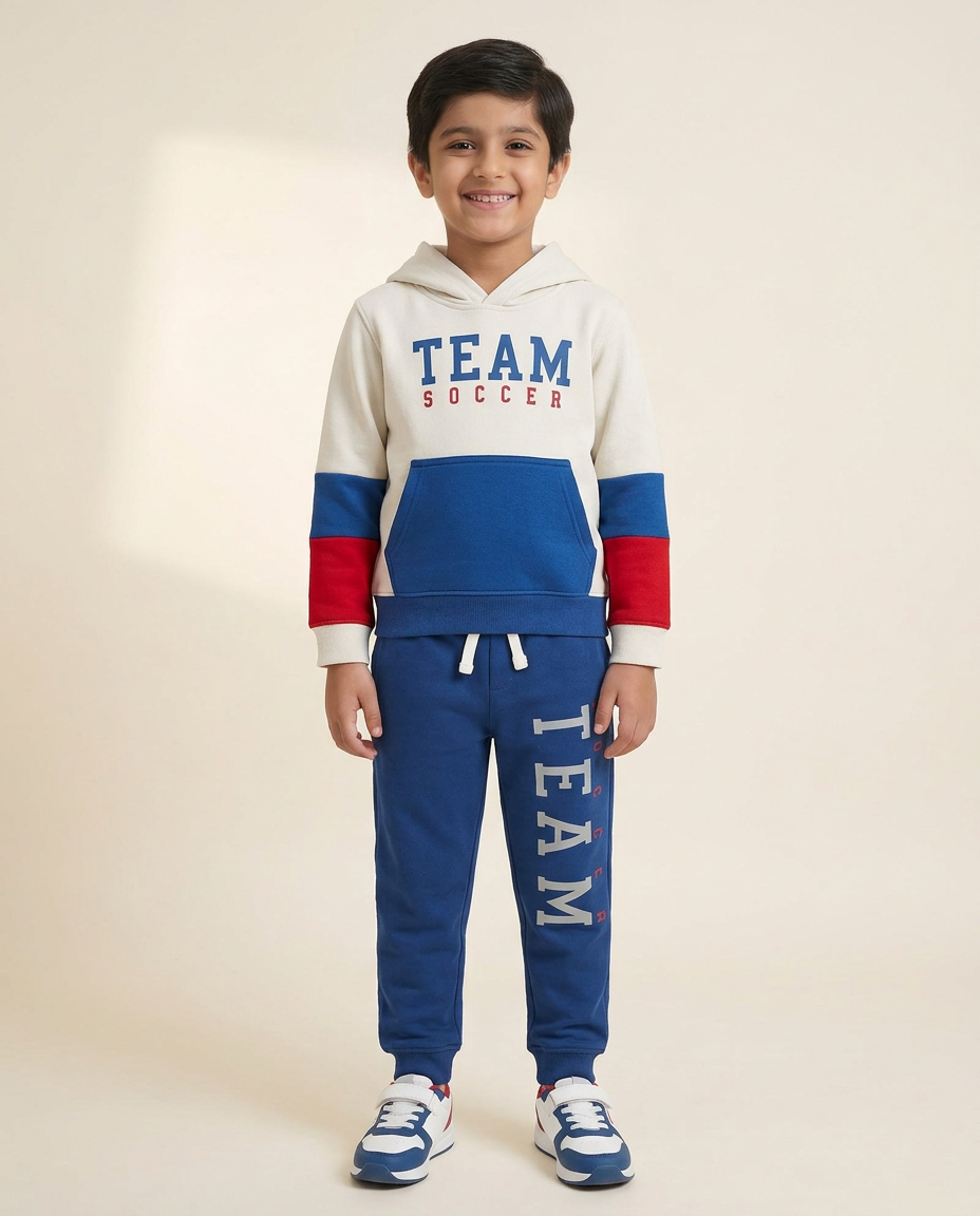 Kids Blue & White ‘Team Soccer’ Hoodie and Tracksuit Set
