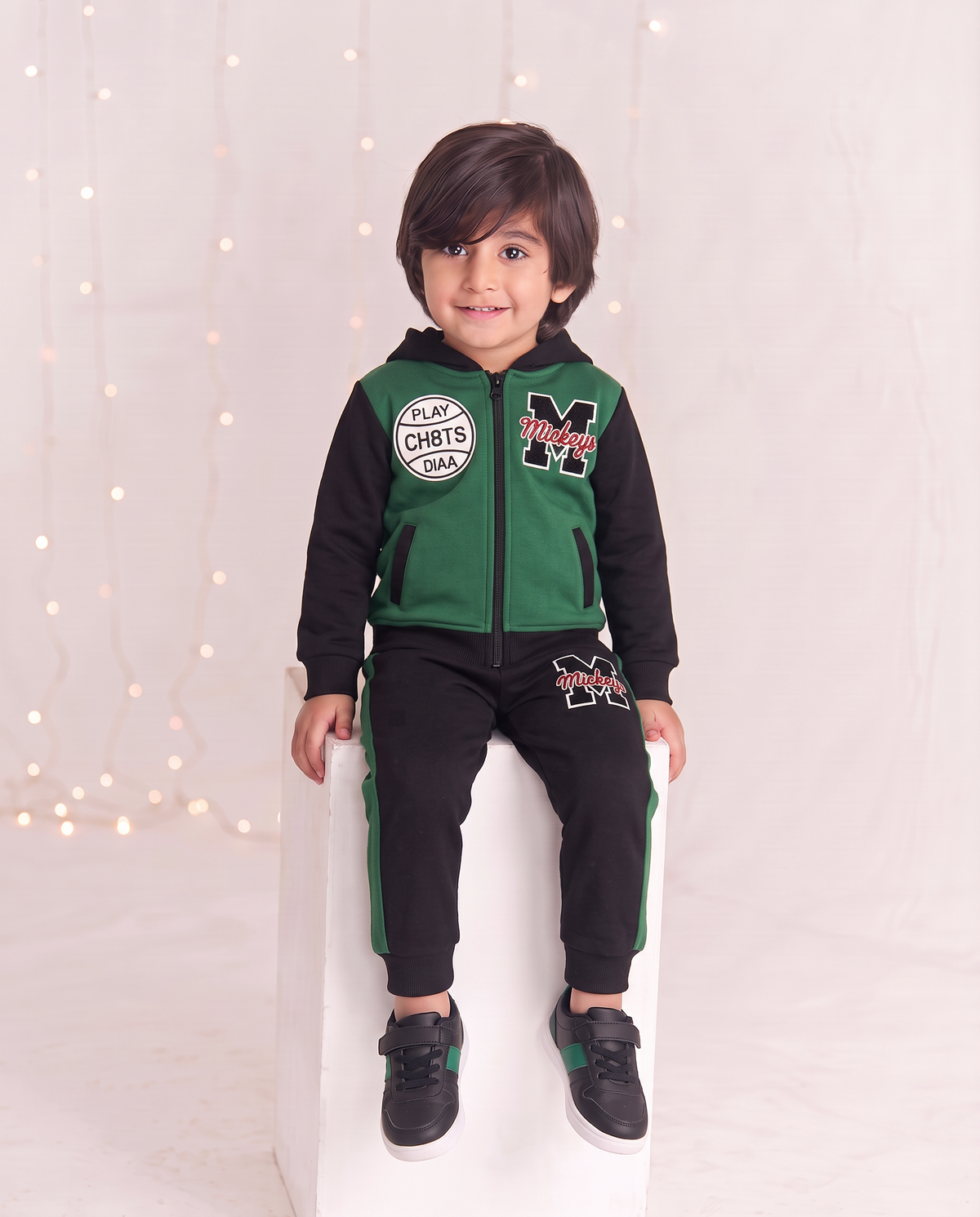 Zipper Green Black Pocket Hoodie With panel Trouser 2pcs Set