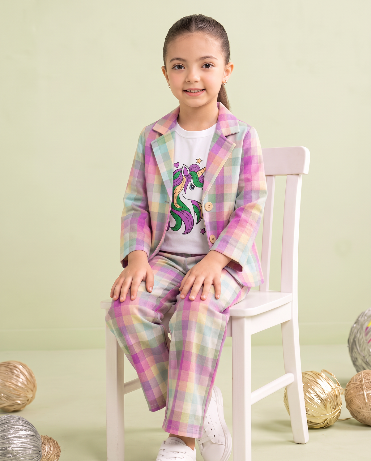 Girls Unicorn Printed 3 Piece Pastel Check Summer Co-Ord Set
