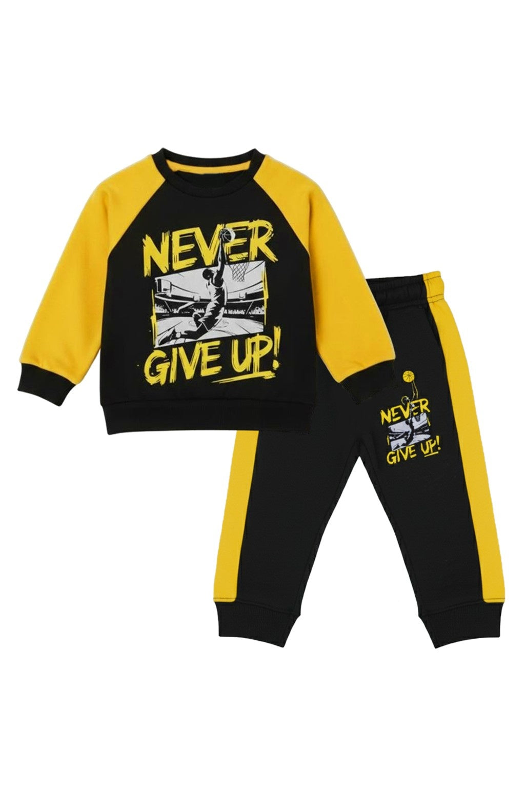 Toddler Boy Black & Yellow "Never Give Up!" Basketball Sweat suit
