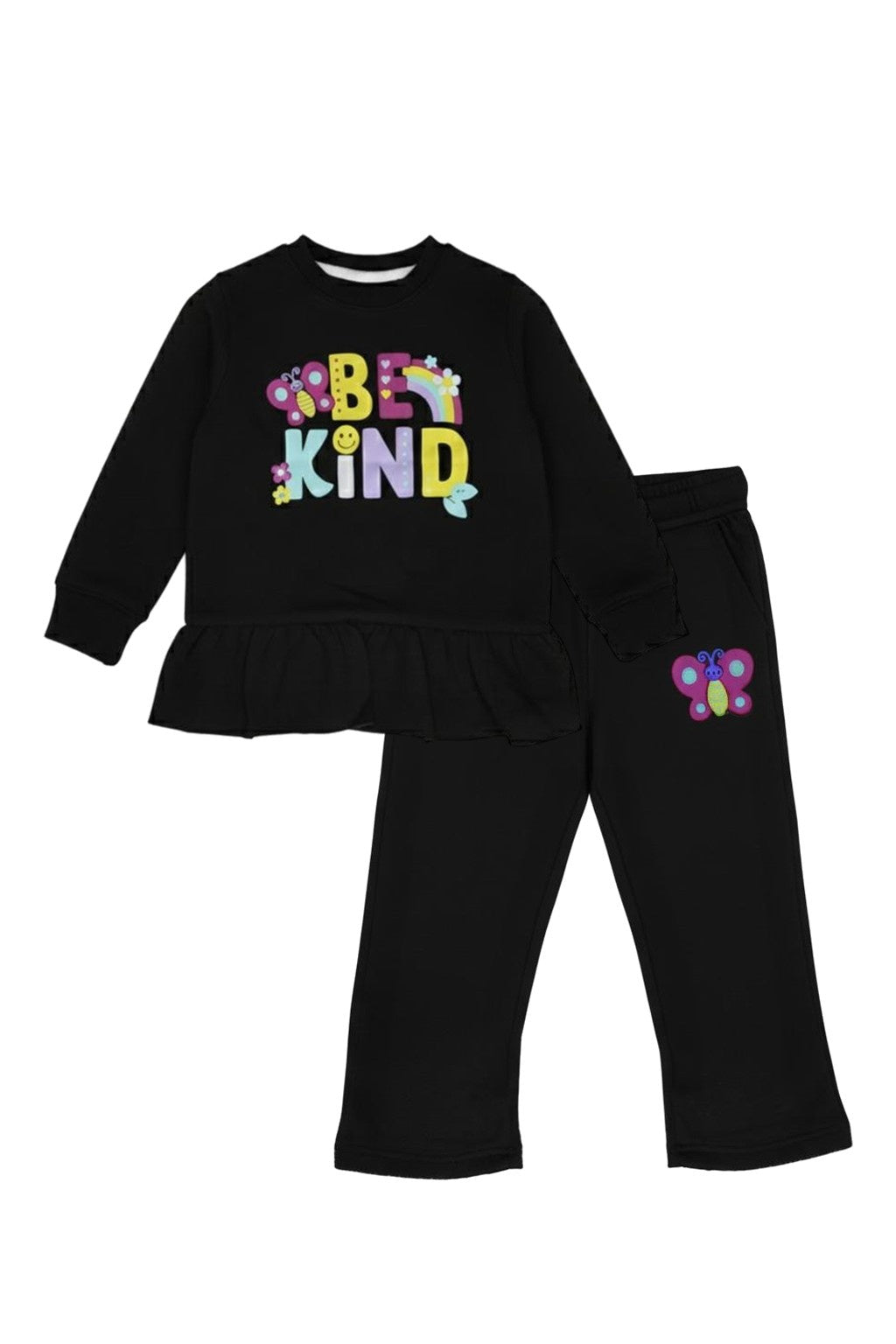 Toddler Girl Black Peplum "Be Kind" Butterfly Graphic Sweatsuit