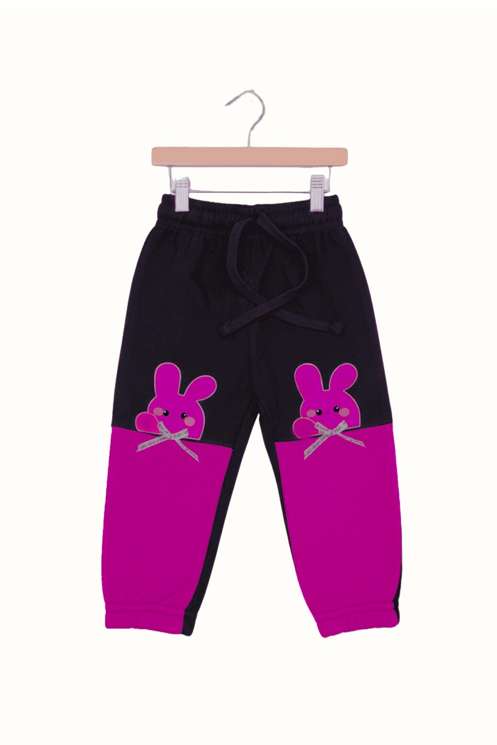Cute Bunny Printed Kids Tracksuit – Pink and Black Winter Sweatshirt & Trouser Set for Girls