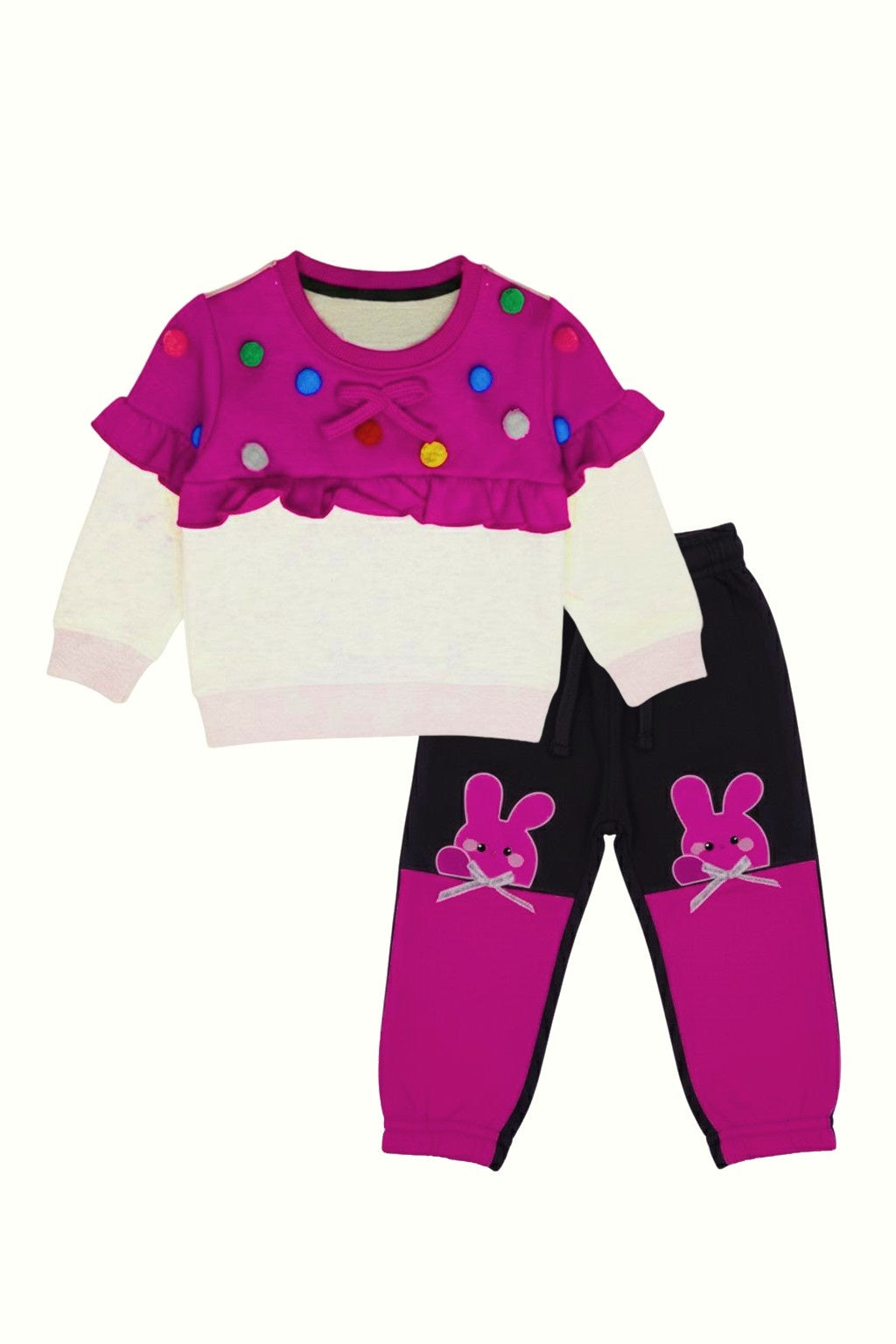 Cute Bunny Printed Kids Tracksuit – Pink and Black Winter Sweatshirt & Trouser Set for Girls