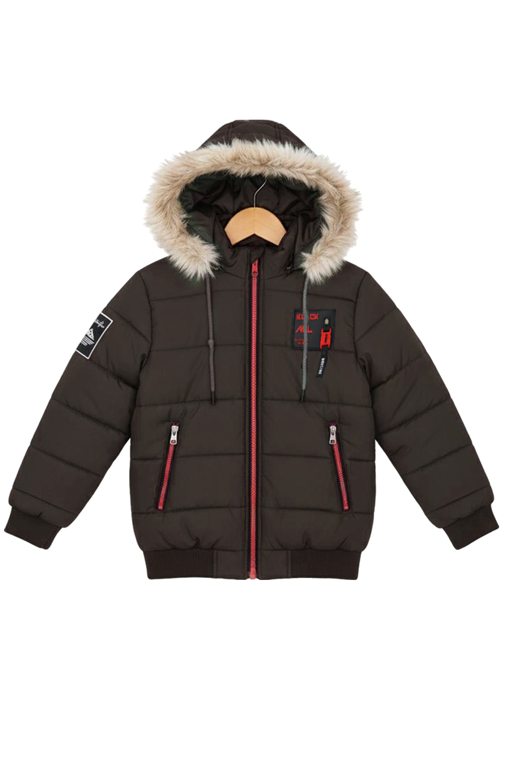 Brown Puffer Jacket with Faux Fur Hood - Unisex