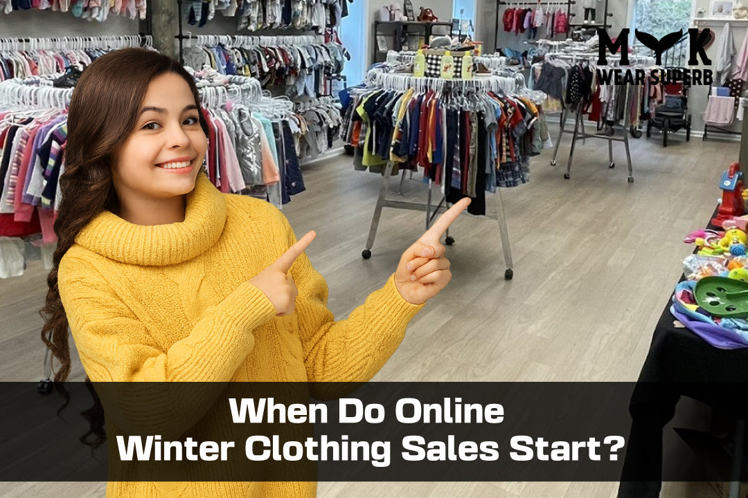 When Do Online Winter Clothing Sales Start? A woman in a yellow sweater pointing in a clothing store.