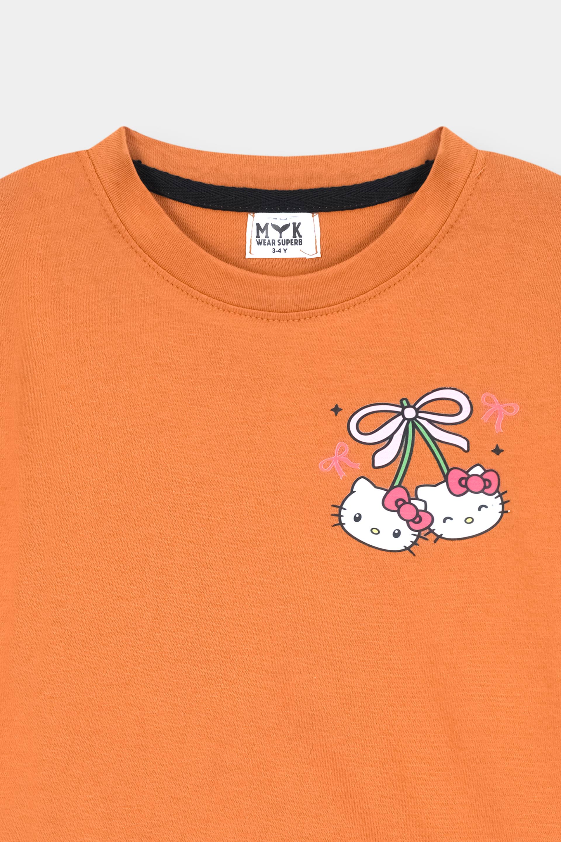 Girls Orange Kitty Print Frill Co-Ord Set – Cute Ruffle T-Shirt & Trouser Outfit - MYK_Fatimas