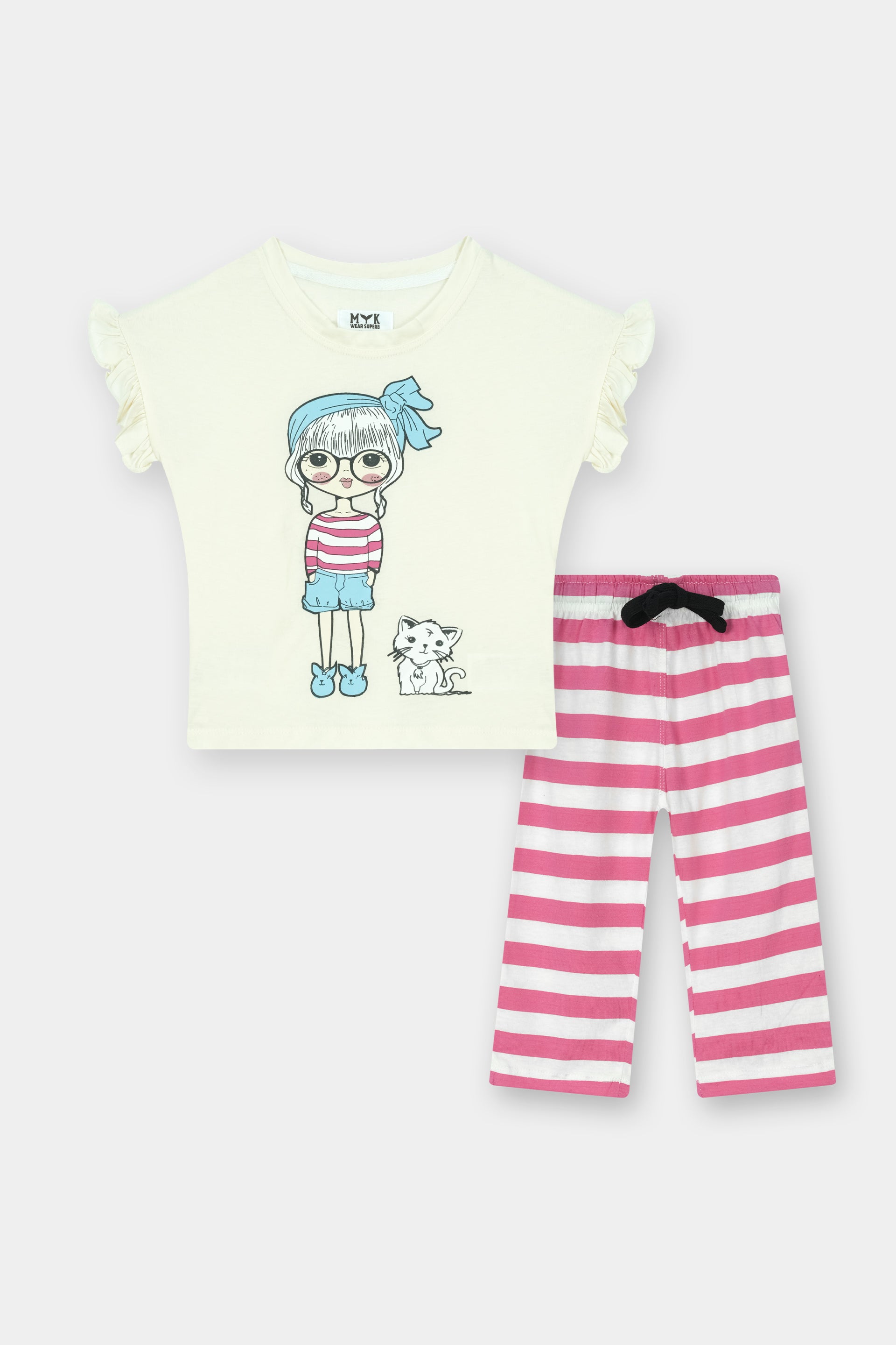 Cute Doll & Cat White Printed T-Shirt with Pink Striped Trouser Set - MYK_Fatimas