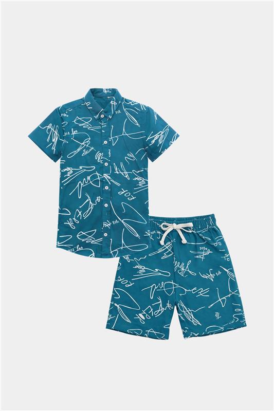 Teal Scribble Print Linen Shirt & Shorts Set - MYK_Fatimas