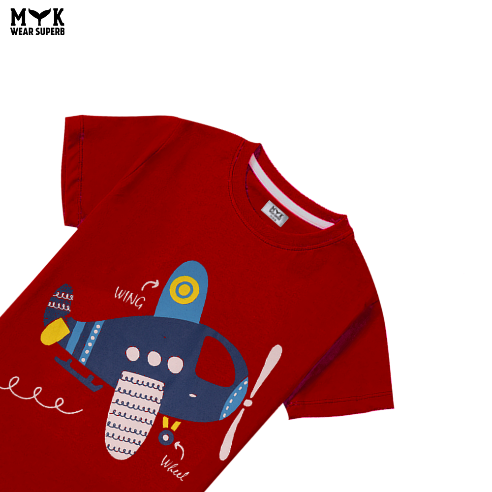 Boys’ Cartoon Airplane Adventure T-Shirt – Bright Red
