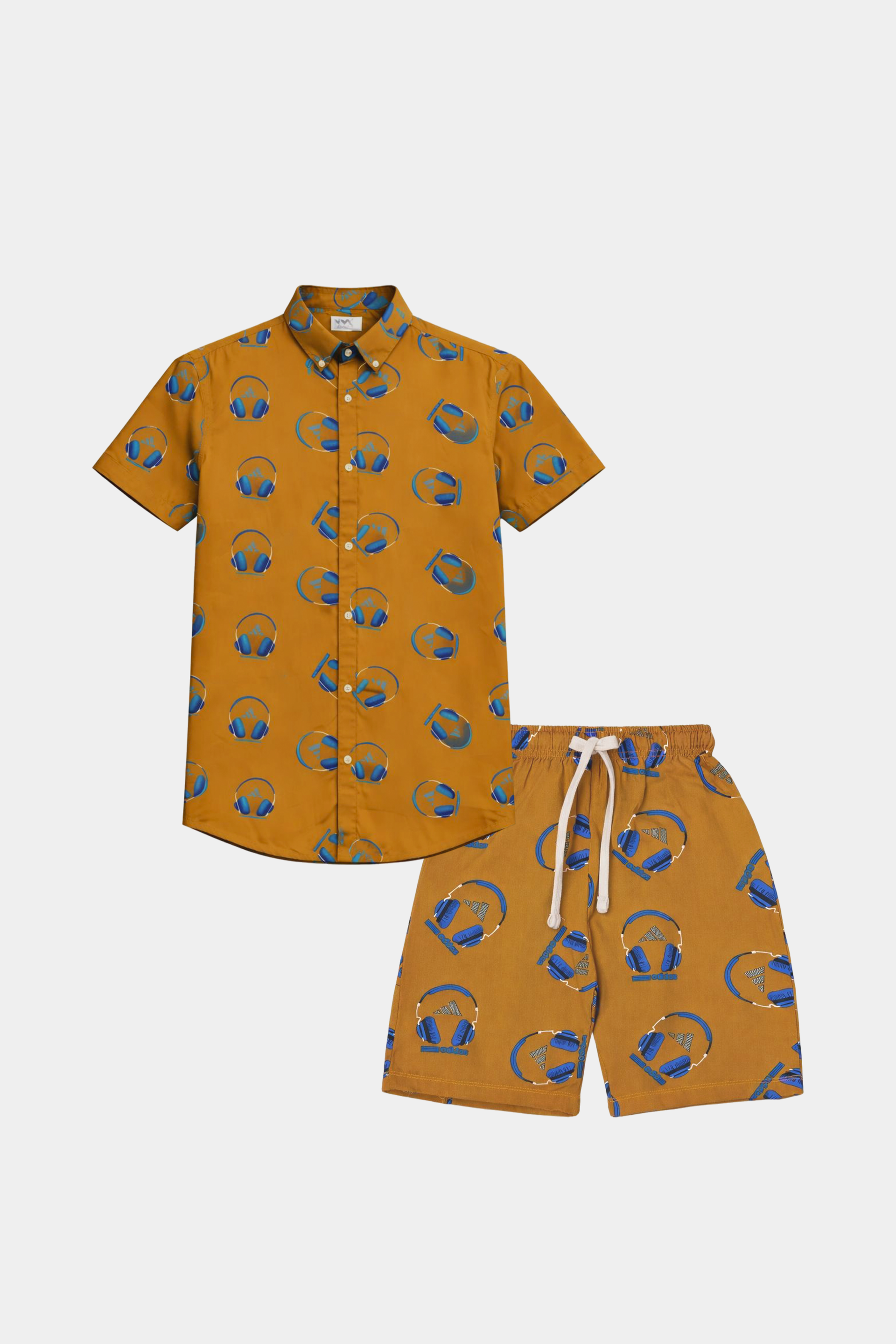 Boys Summer Linen Co-ord Set – Mustard Headphone Print Shirt & Shorts - MYK_Fatimas
