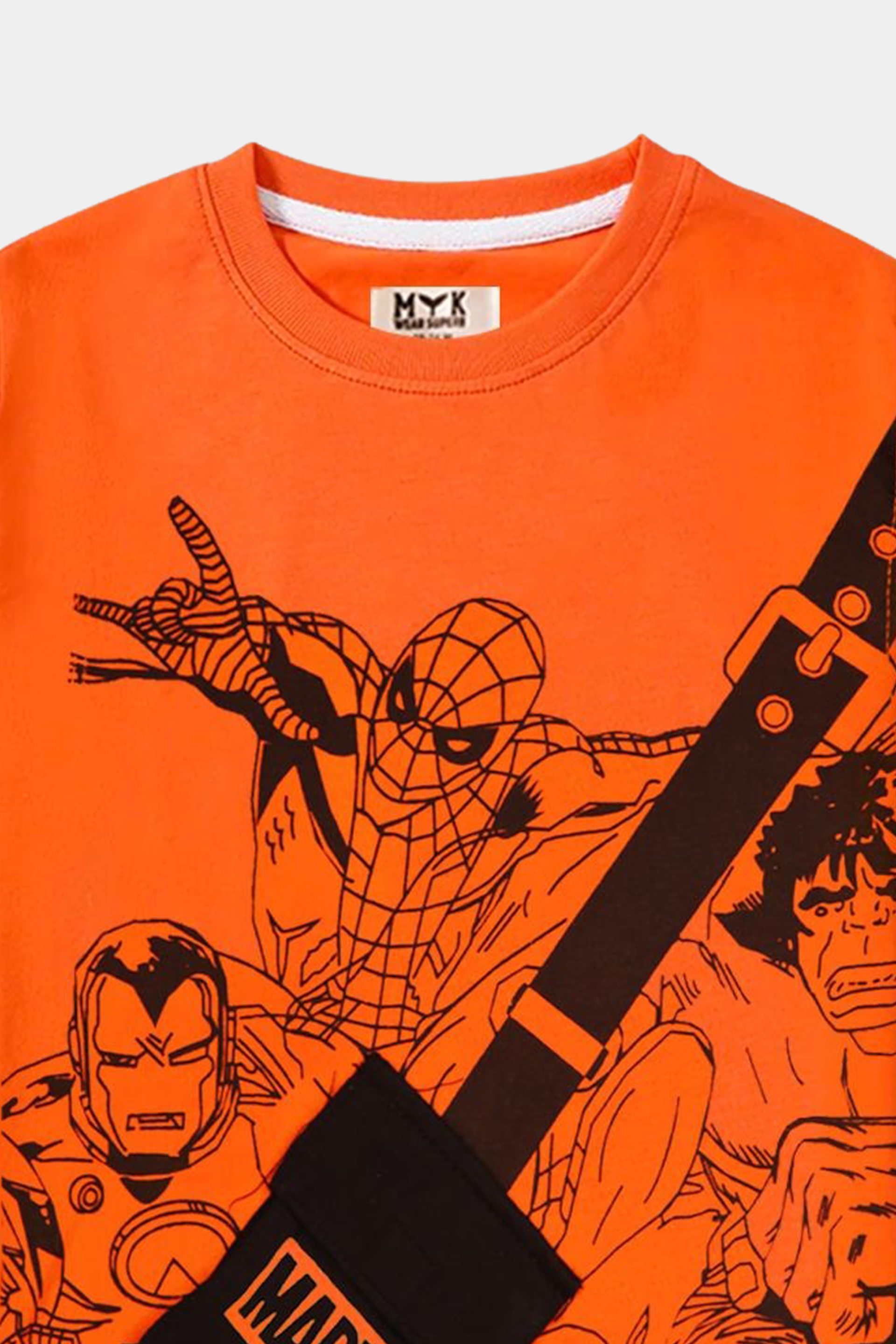 Marvel-Inspired Black Trouser & Orange Shirt Set for Kids – Superhero - MYK_Fatimas