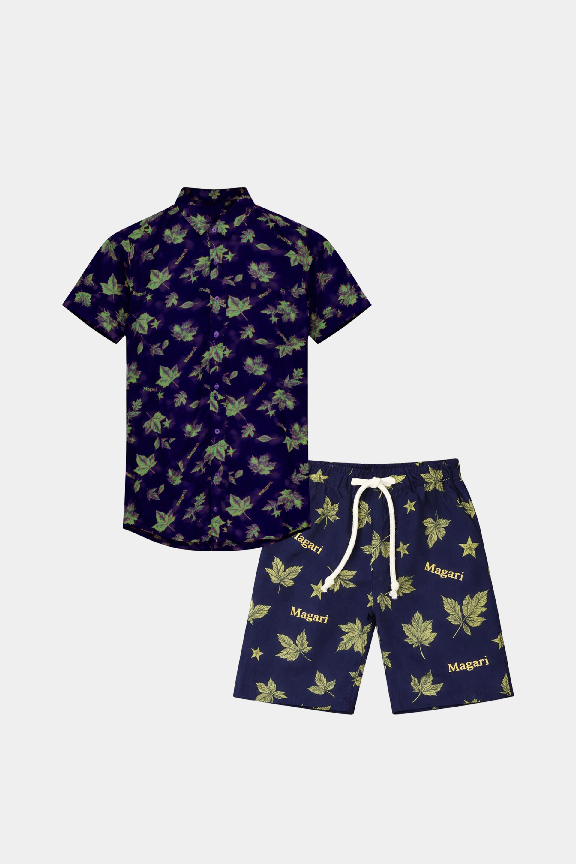 Boys Navy Blue Linen Co-Ord Set – Magari Leaf Print Summer Outfit - MYK_Fatimas