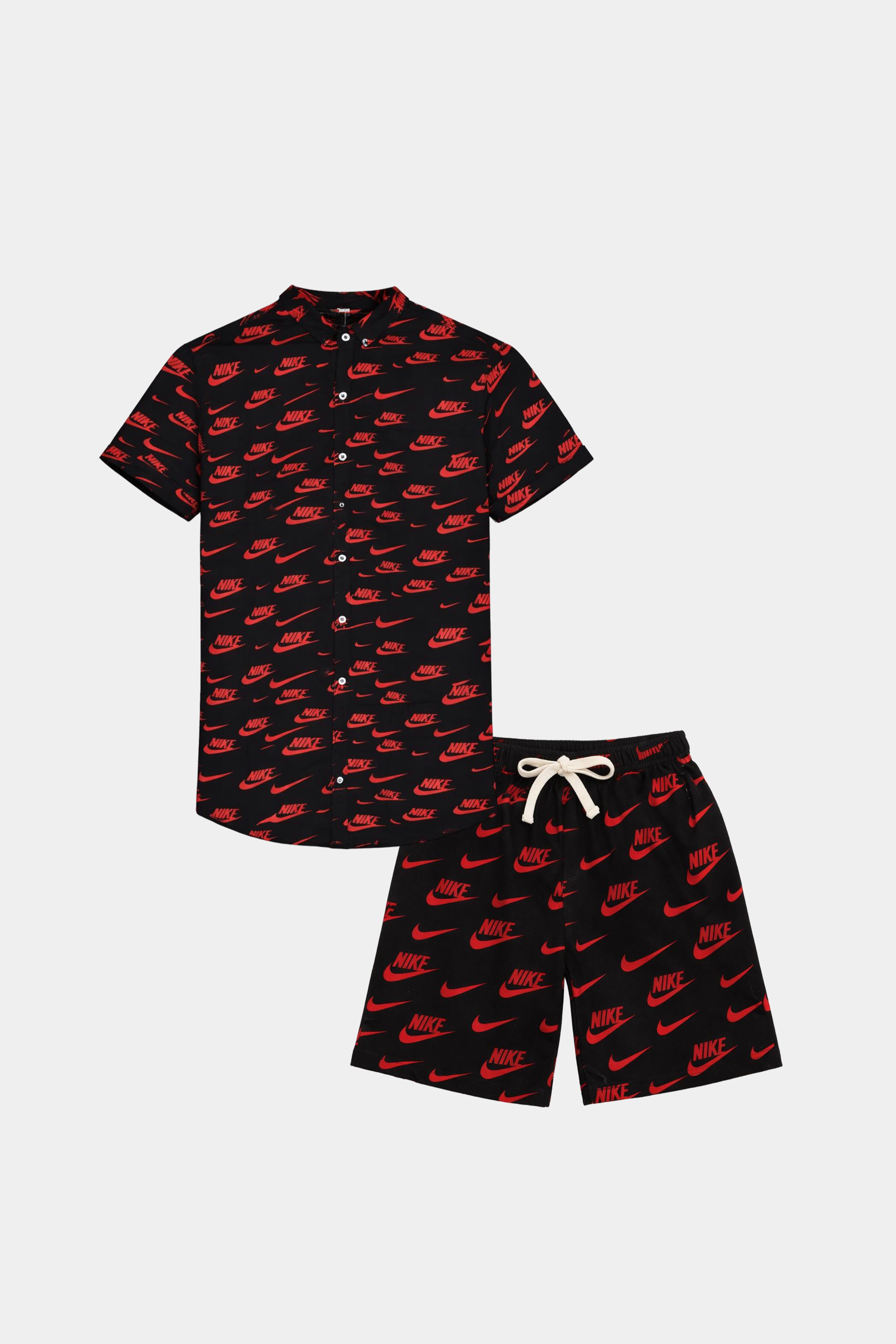Bold Summer Linen Co-Ord Set – Black & Red Nike Print - MYK_Fatimas