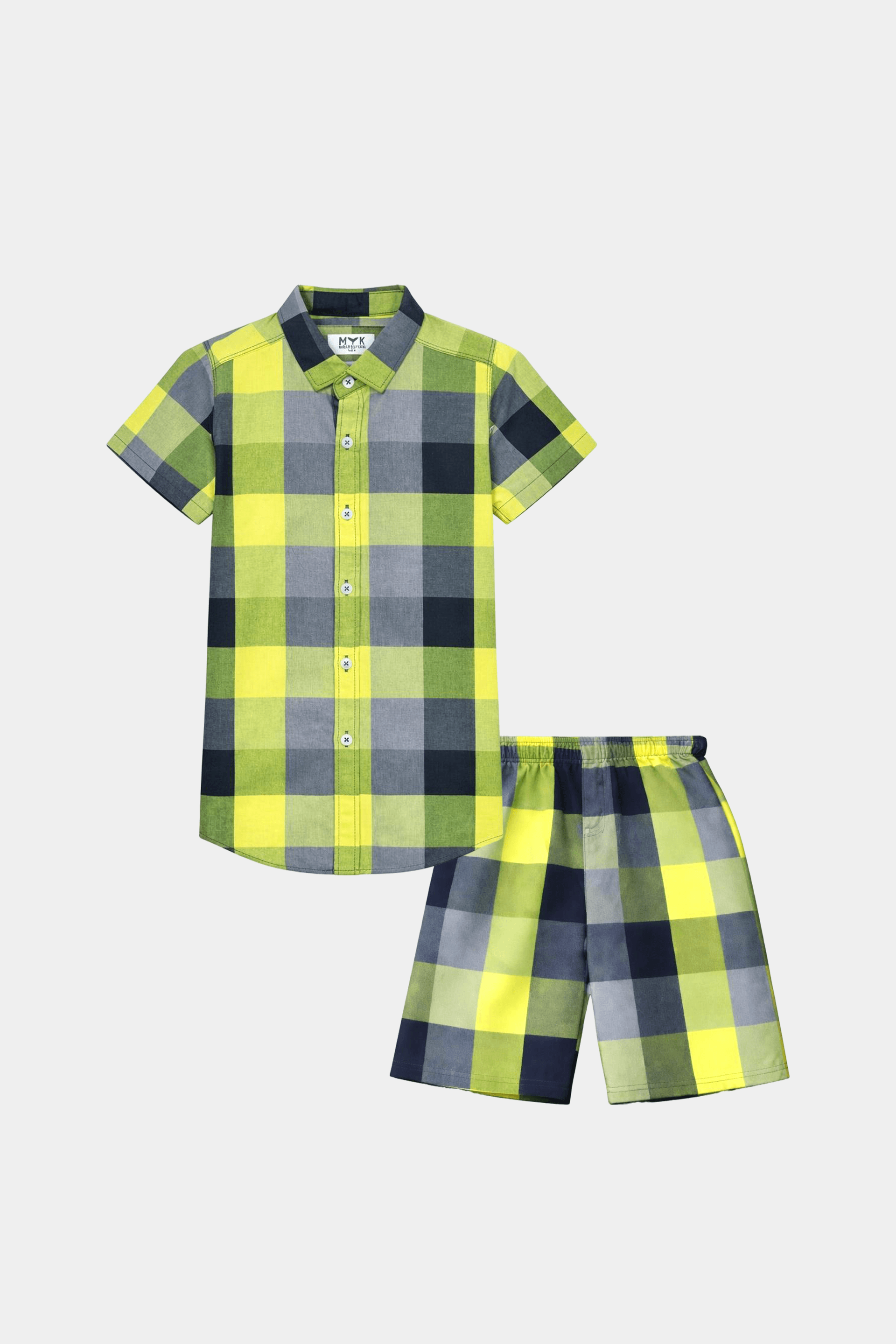 Boys Lime Green & Navy Checkered Shirt & Shorts Set - MYK_Fatimas