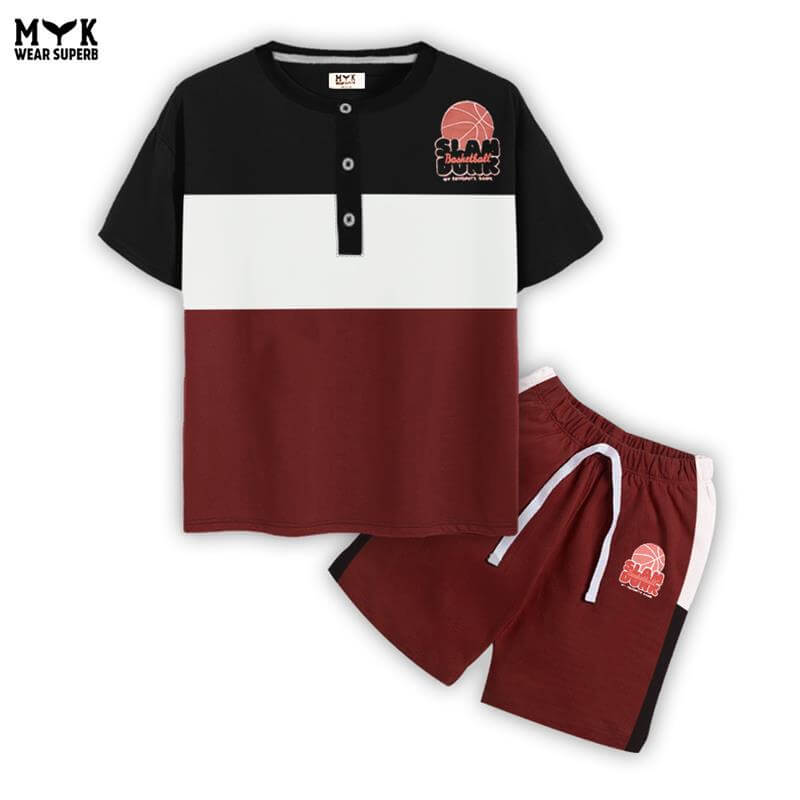 Boys Basketball Themed Colorblock T-Shirt & Shorts Set