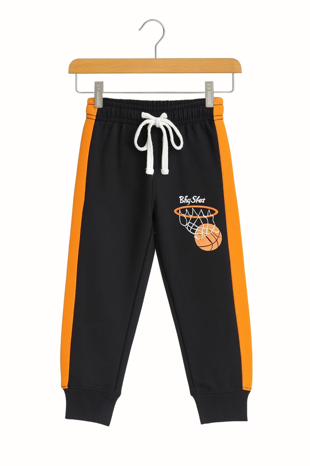 Big Shot Basketball Kids Tracksuit – Black & Orange featuring sporty black pants with orange side stripes.