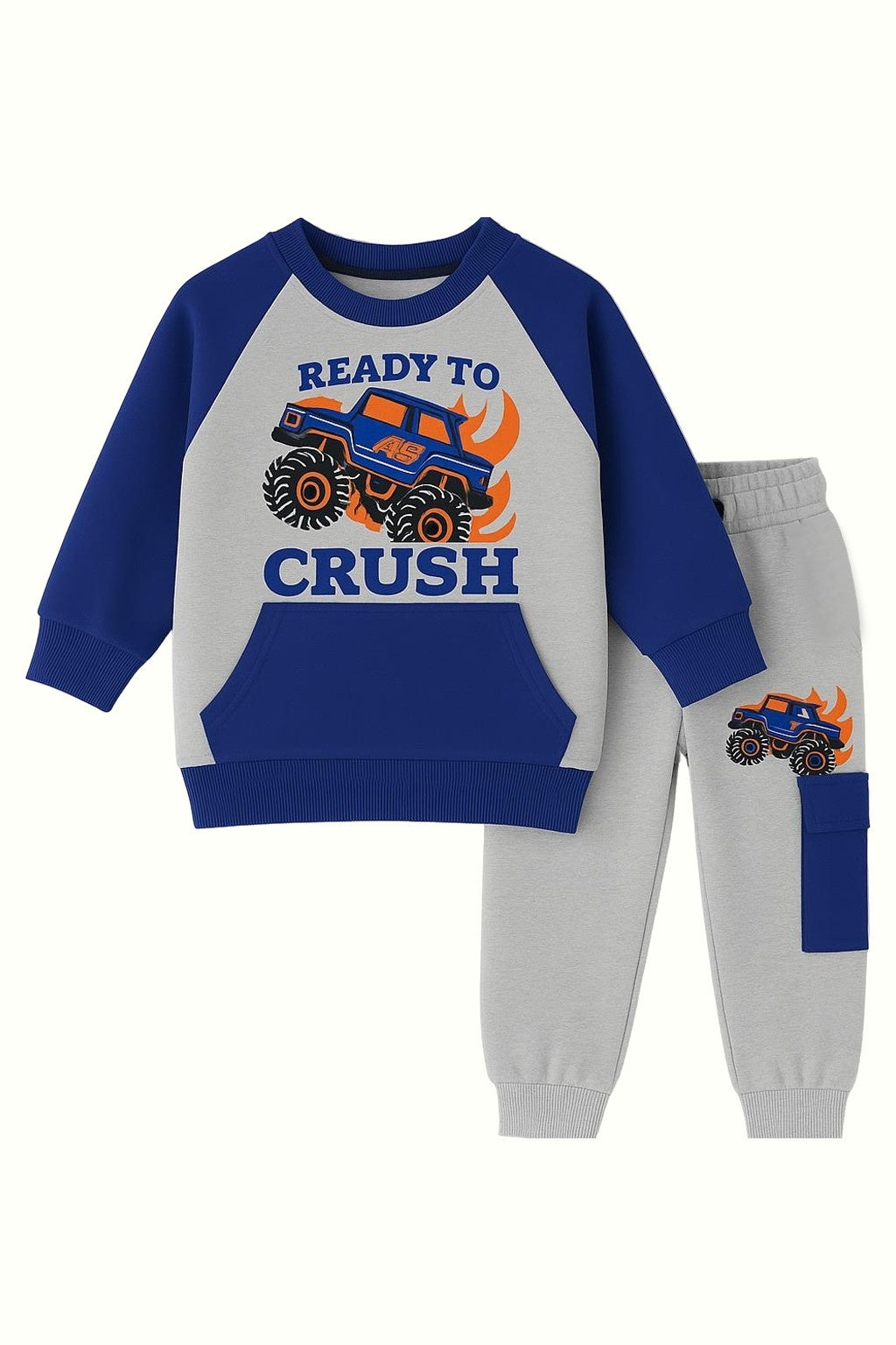 Monster Truck Kids Sweat Suit – Ready to Crush (Blue & Grey)
