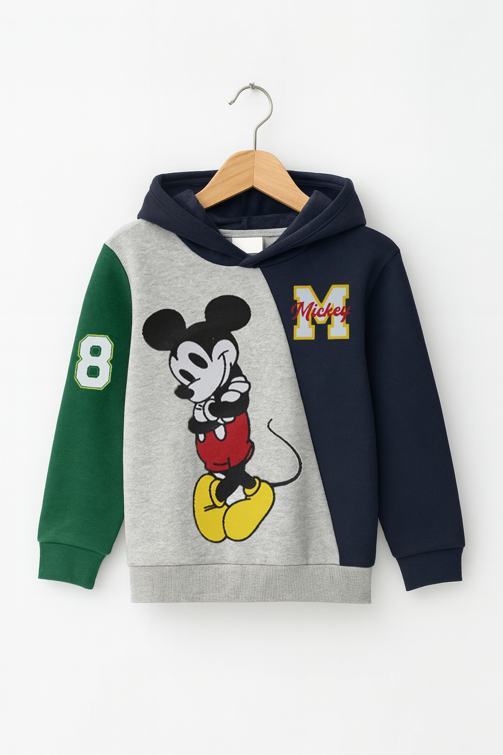 Kids Blue, Grey & green Micky Mouse Fleece Hoodie With Pocket Trouser Outfits Set Imported