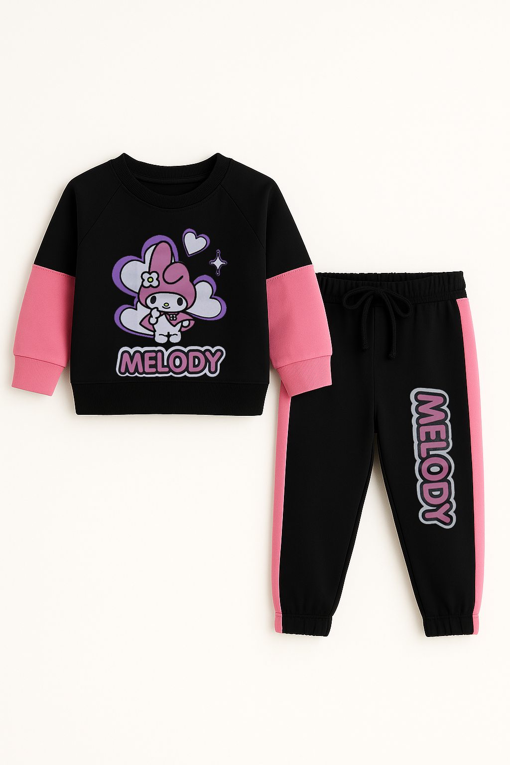 Melody Kids Tracksuit – Black & Pink Cute Character Set