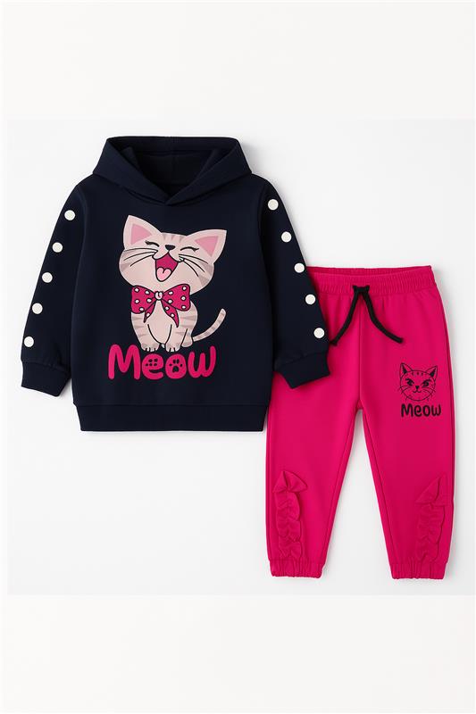 Baby Girls Meow Fleece Navy Blue Hoodie With Pink Frill Trouser 2 Piece premium Quality Set