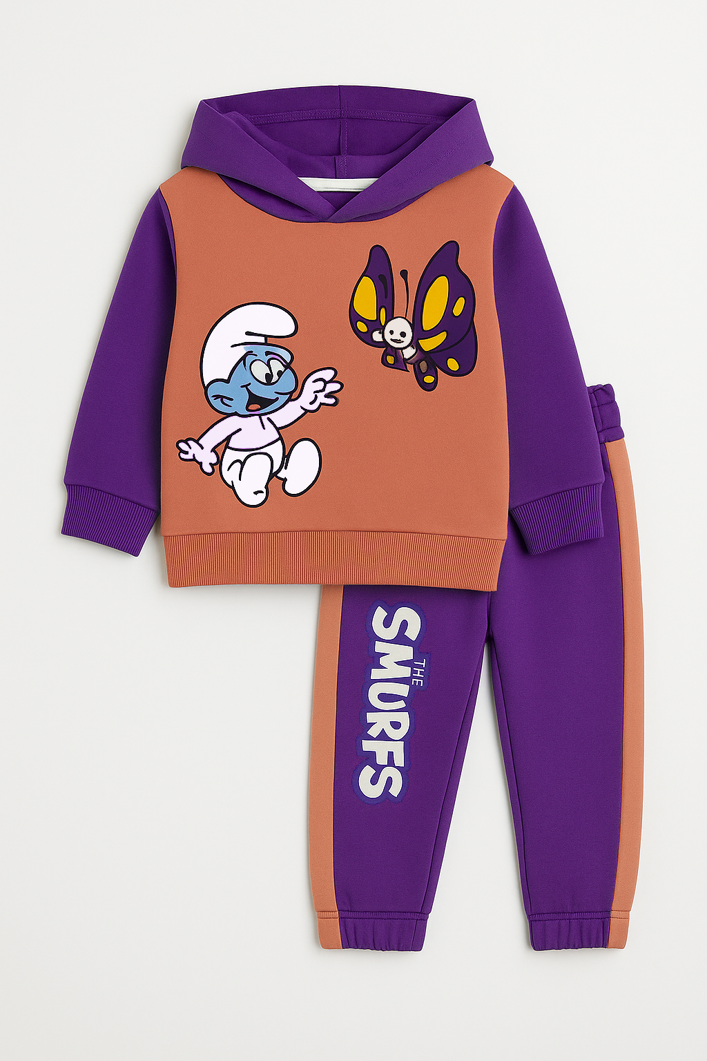 Baby Girls The Smurfs Print Peach Fleece Hoodie With Blue Panel Trouser 2 Piece premium Quality Set