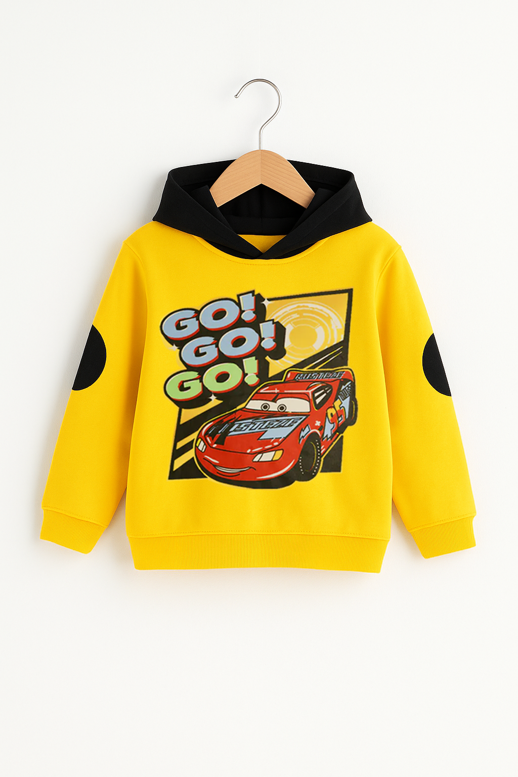 Go Go Go Car Printed Yellow Hoodie & Black Trouser With Dori Outfit Premium Quality Set