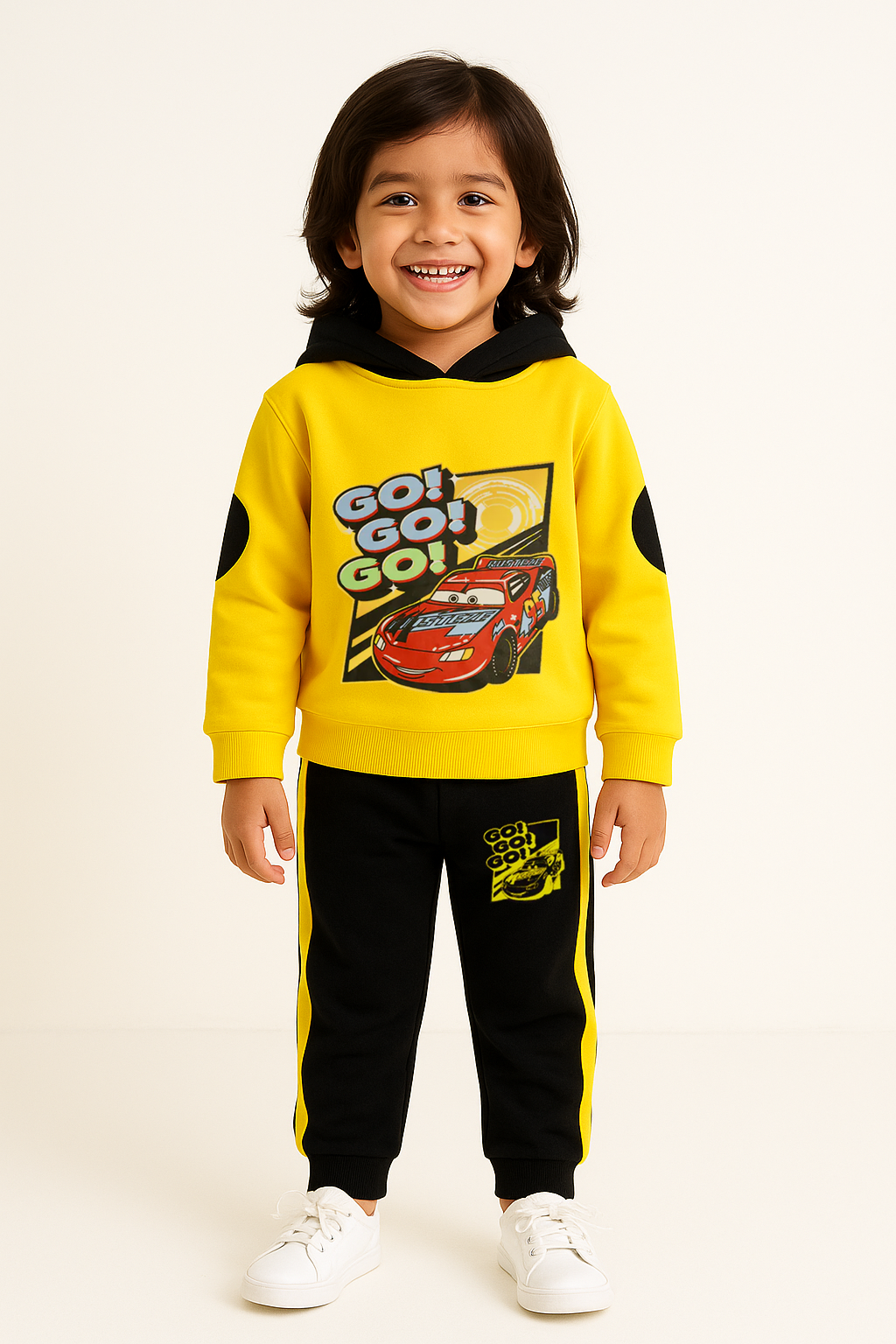 Go Go Go Car Printed Yellow Hoodie & Black Trouser With Dori Outfit Premium Quality Set