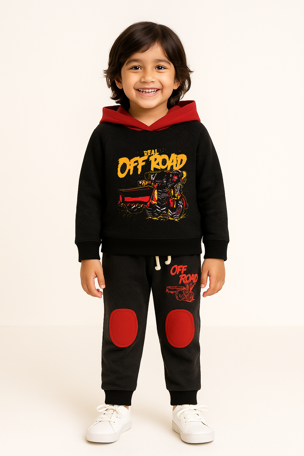 Off Road Charcoal Hoodie with Red Slogan Graphic Patch Colorblock trouser 2 Piece Imported Set