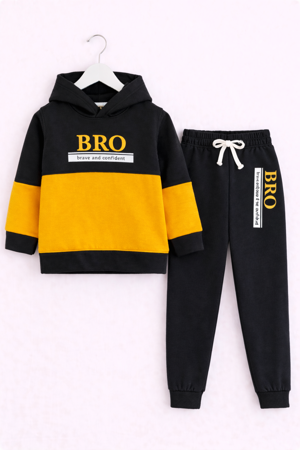 Kids Boys Black & Yellow BRO Hoodie with Trouser – Brave and Confident Printed Casual Outfit