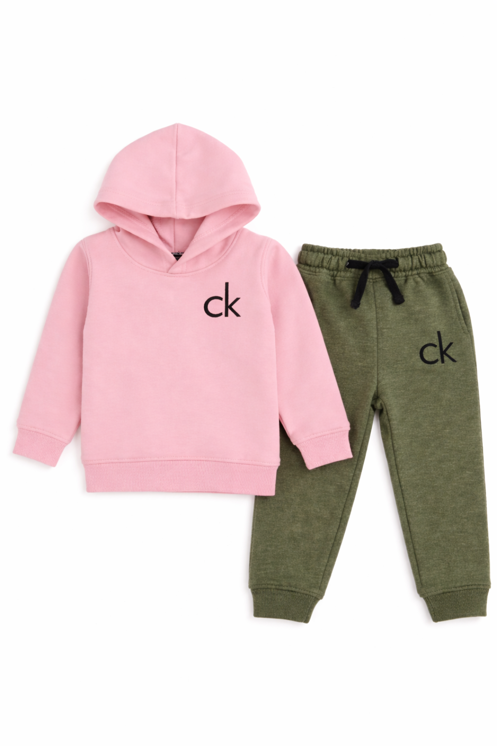 Kids Pink Hoodie & Olive Green Trouser Set – CK Logo Winter Tracksuit