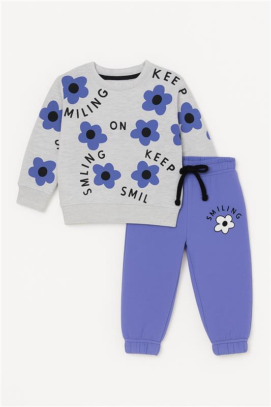 Girls “Keep Smiling” Grey & Purple Flower Tracksuit