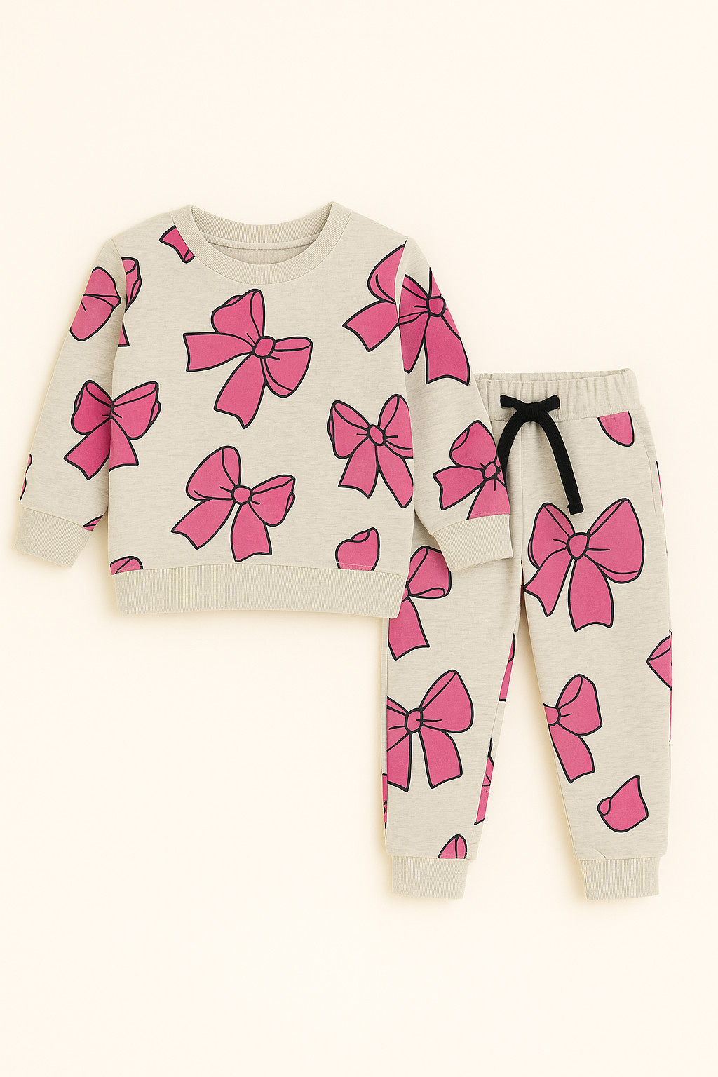 Cute Pink Bow Printed Kids Tracksuit – Beige Two-Piece Set