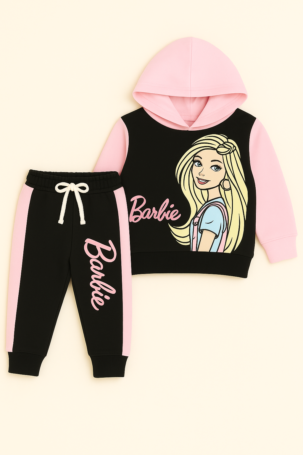 Girls Barbie Hooded Tracksuit – Pink & Black Two-Piece Set