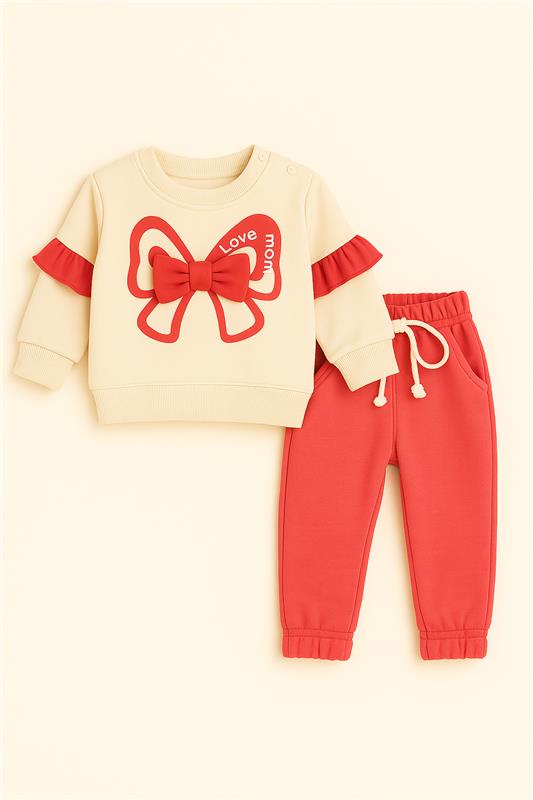 Sweet Love Baby Girl Bow Tracksuit – Cream & Red Two-Piece Set
