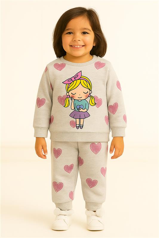 Cartoon Girl & Heart Printed Winter Tracksuit (Sweatshirt + Joggers) for Kids