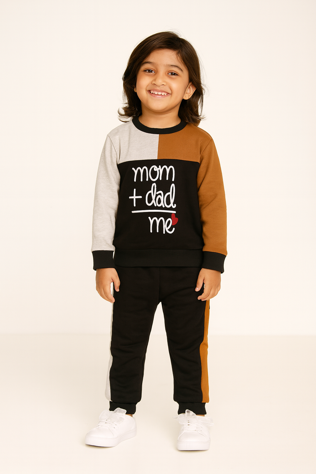 Kids Casual Outfit  Graphic Letter Mom+Dad=Me Sweatshirt With Panel Trouser Premium Quality Set