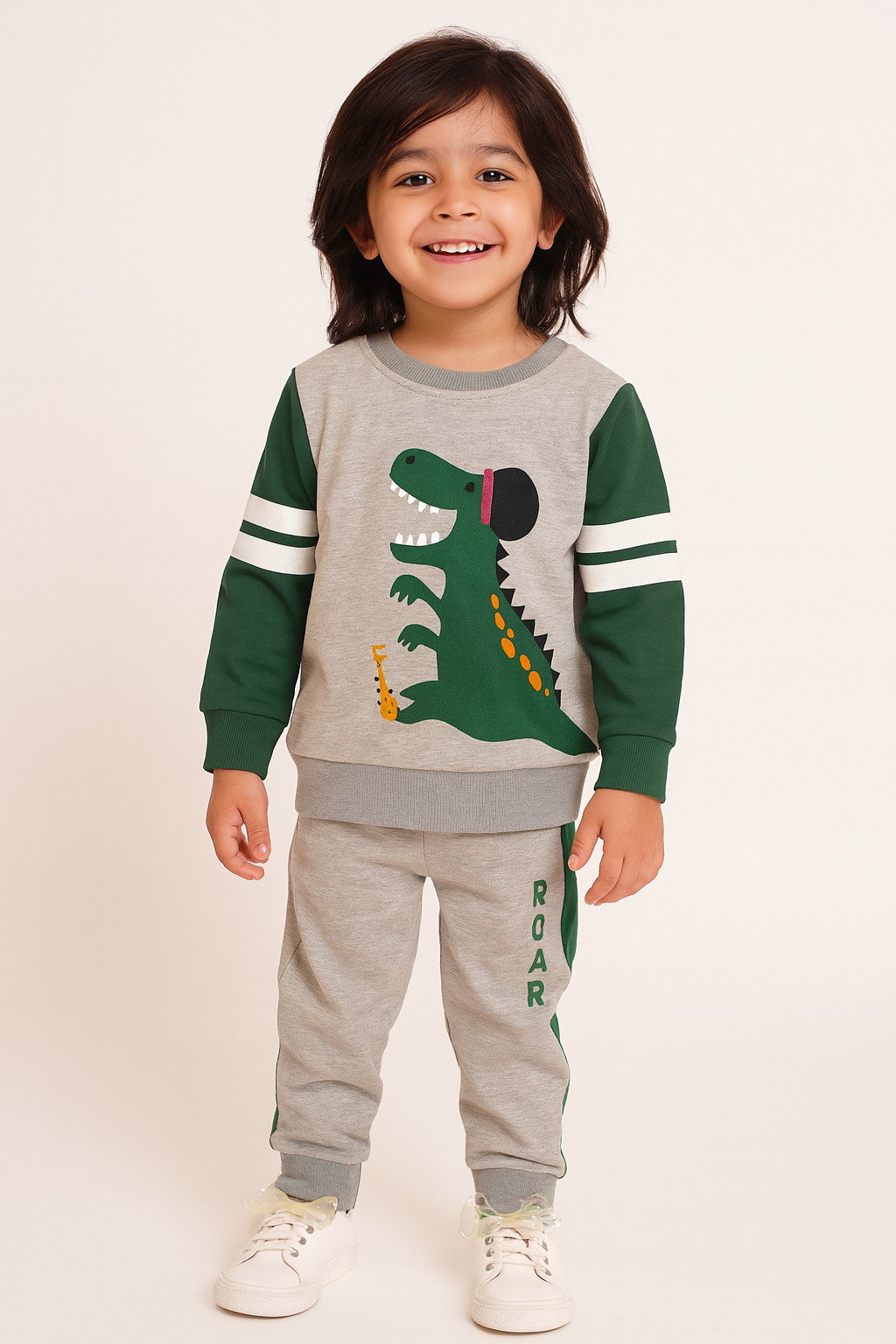2pcs Set Kids Dinosaur Graphic Green & grey Sweatshirt With panel Trouser