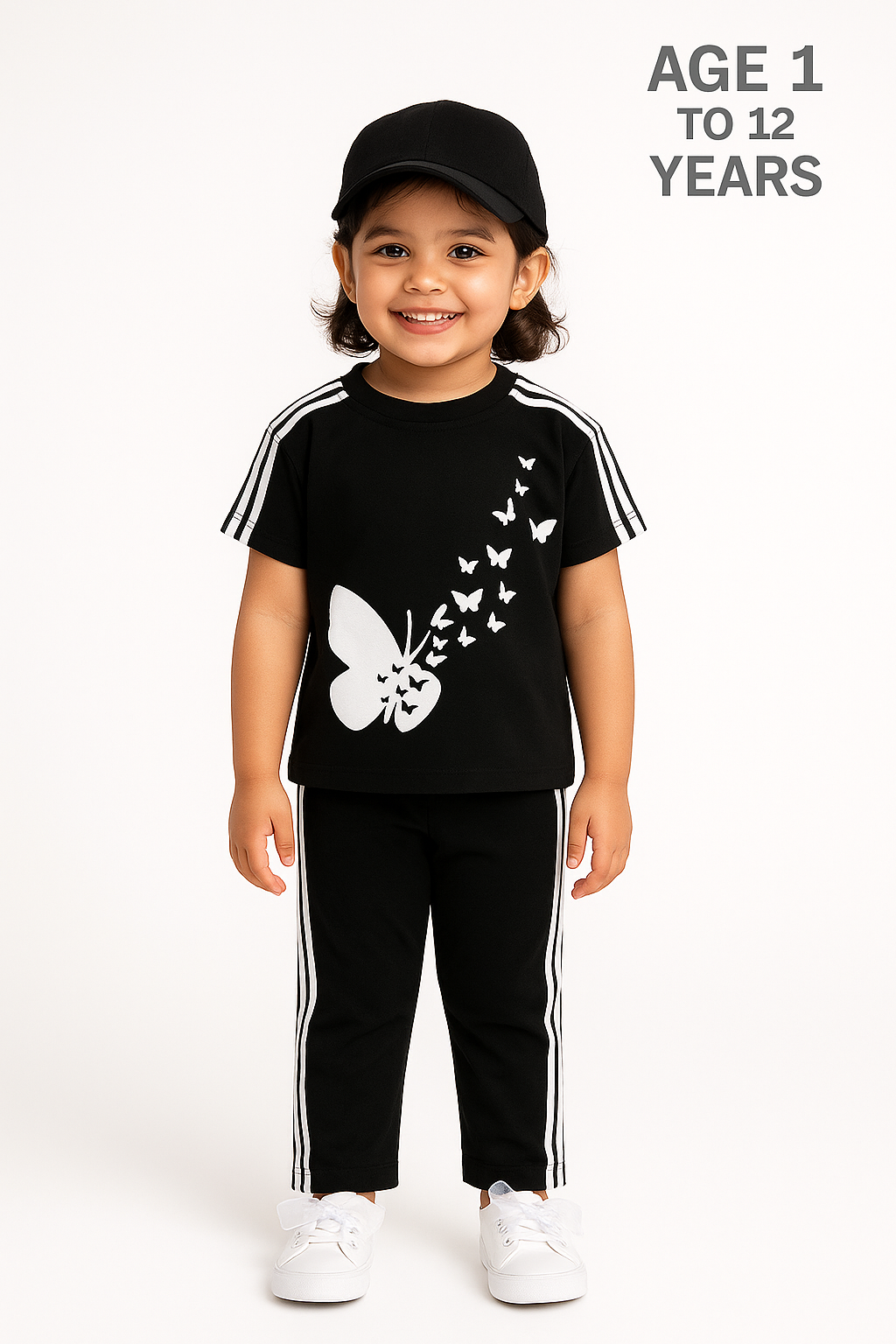 Butterfly Bliss Kids Tracksuit – Black & White Elegance