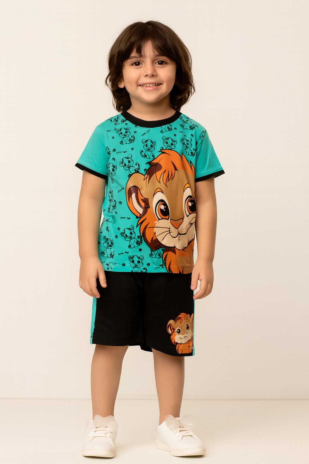 Kids’ Summer Cartoon Lion T-Shirt & Shorts Set – Turquoise & Black Co-ord