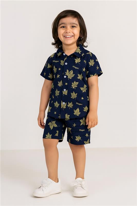Boys’ Navy Blue Linen Co-Ord Set – Magari Leaf Print Summer Outfit