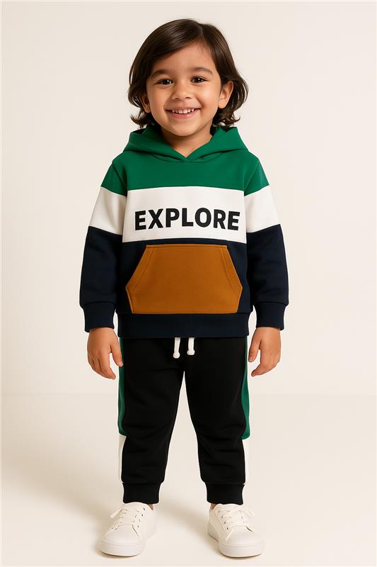 Explore Print Hoodie Green ,White & navy Blue With panel Trouser 2pcs Premium Quality Set