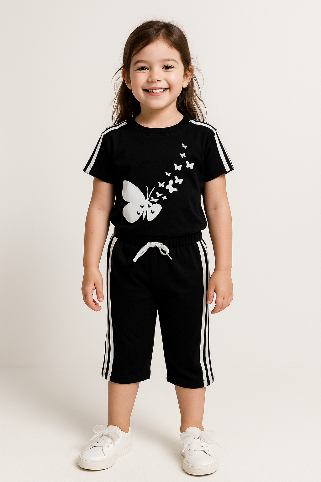 Butterfly Bliss Kids Tracksuit – Black & White Elegance