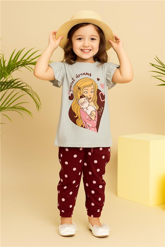 Girls Night Suit - Barbie Sweet Dreams Print Grey Top & Maroon Polka Dot Trousers by MYK