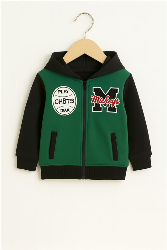 Zipper Green Black Pocket Hoodie With panel Trouser 2pcs Set