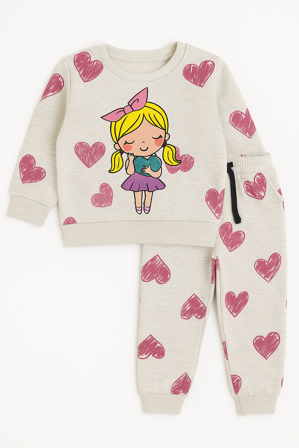 Cartoon Girl & Heart Printed Winter Tracksuit for Kids